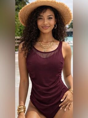 Burgundy Mesh Panel One-Piece Swimsuit | Ruched Slimming Fit | Vacation Resort